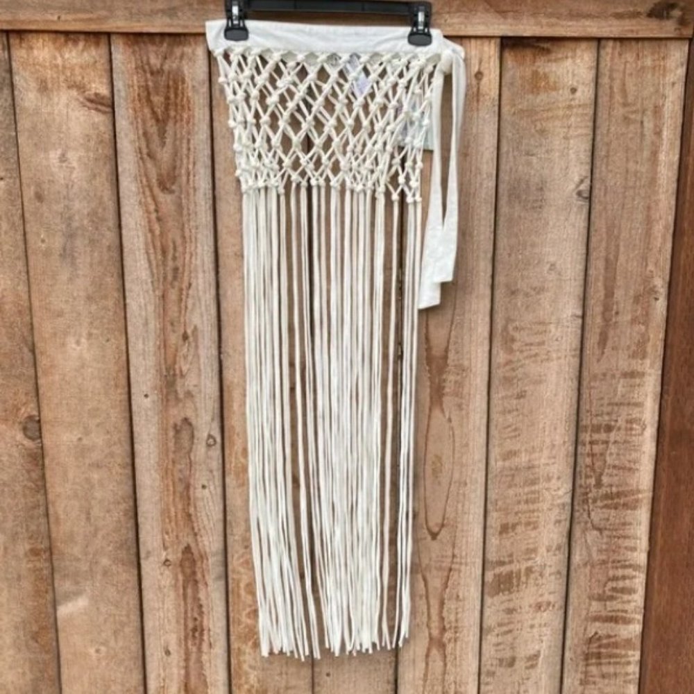 Swim suit cover up tassel fringe skirt white NWT NEW